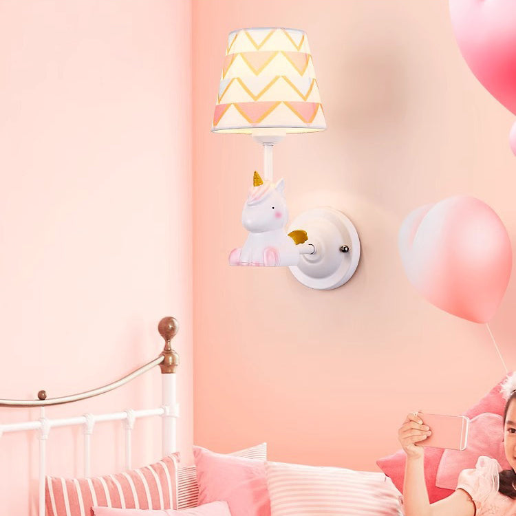 Contemporary Creative Kids Cartoon Frustum Cone Iron Resin Fabric 1-Light Wall Sconce Lamp For Bedroom