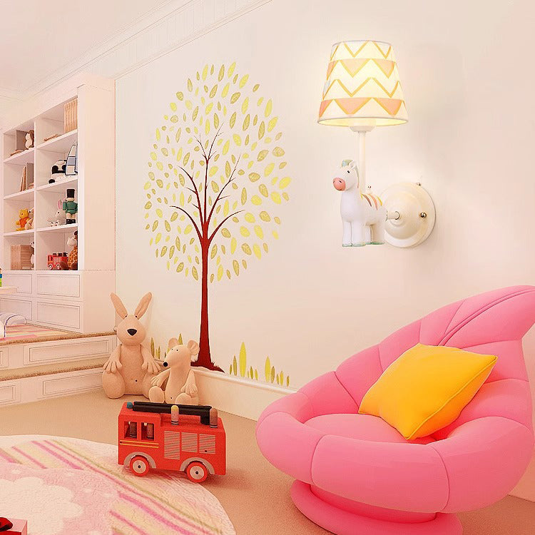 Contemporary Creative Kids Cartoon Frustum Cone Iron Resin Fabric 1-Light Wall Sconce Lamp For Bedroom