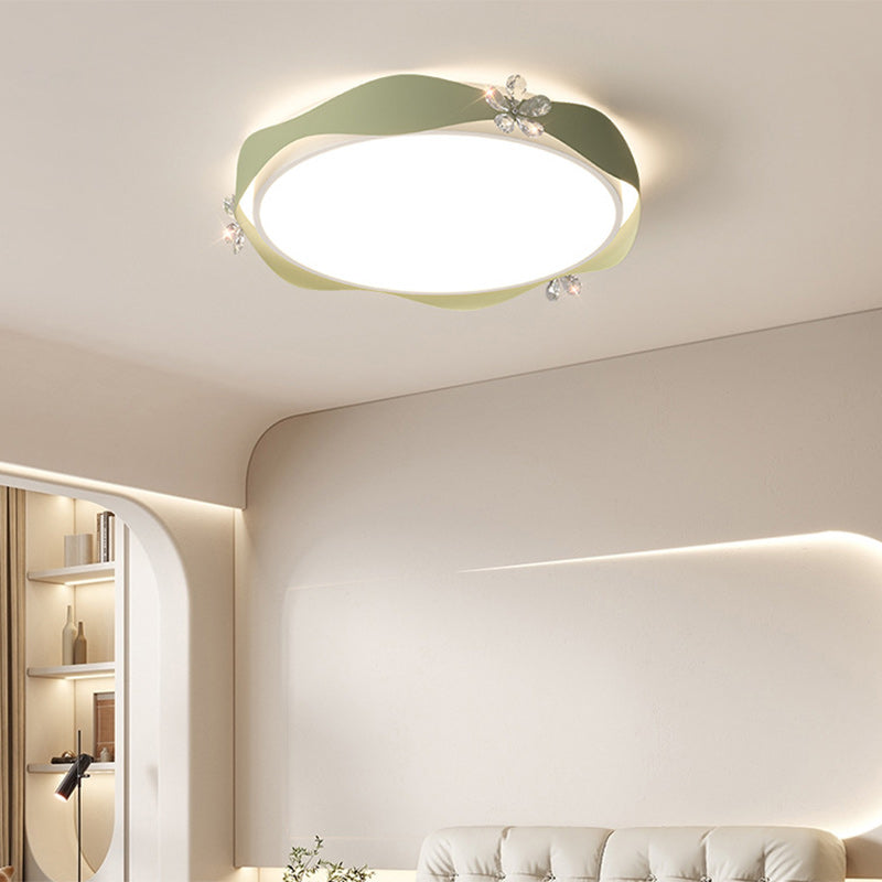 Traditional French Flower Round PVC Iron Crystal LED Flush Mount Ceiling Light For Bedroom