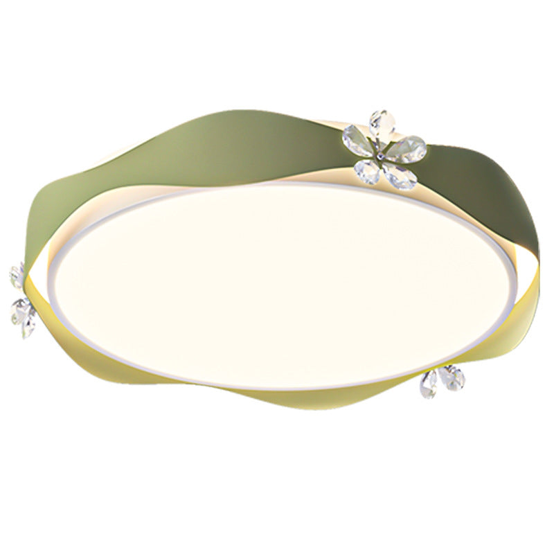 Traditional French Flower Round PVC Iron Crystal LED Flush Mount Ceiling Light For Bedroom
