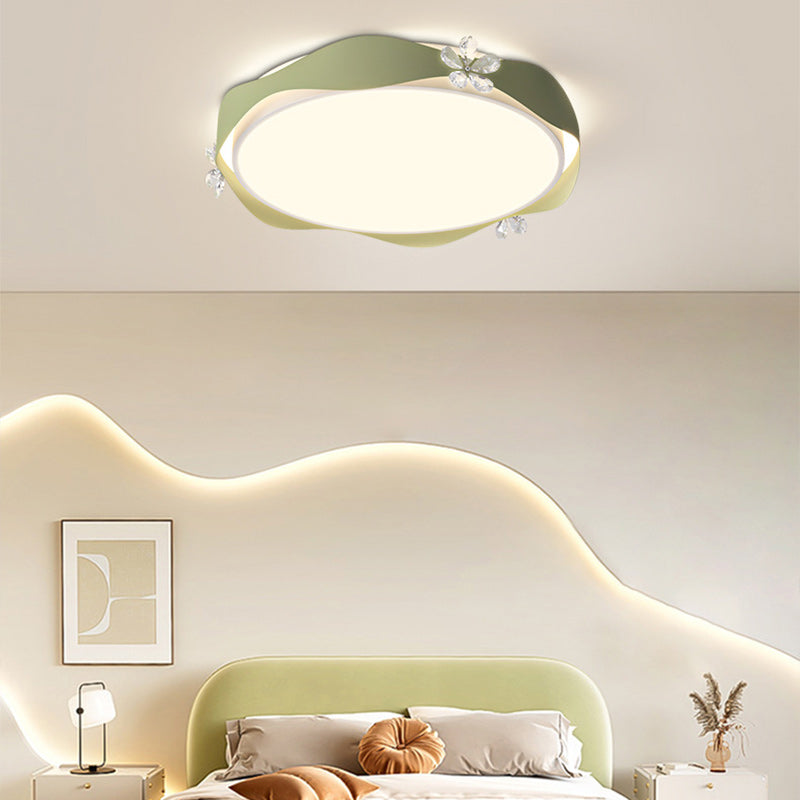 Traditional French Flower Round PVC Iron Crystal LED Flush Mount Ceiling Light For Bedroom