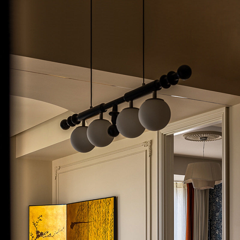 Traditional French Globe Ash Wood Glass Metal 4-Light Chandelier Island Light For Living Room