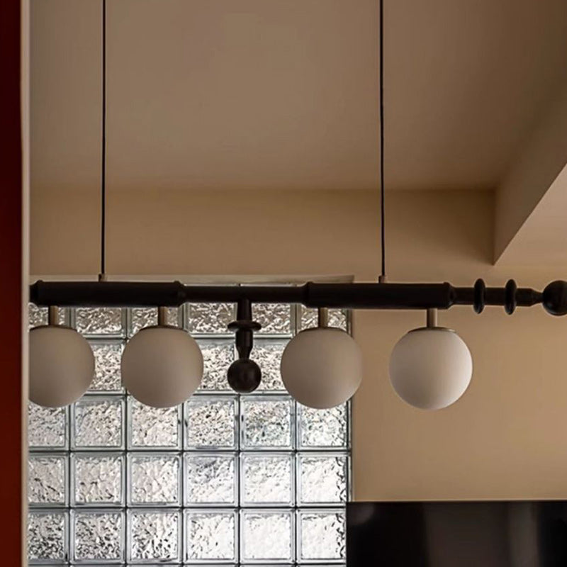 Traditional French Globe Ash Wood Glass Metal 4-Light Chandelier Island Light For Living Room