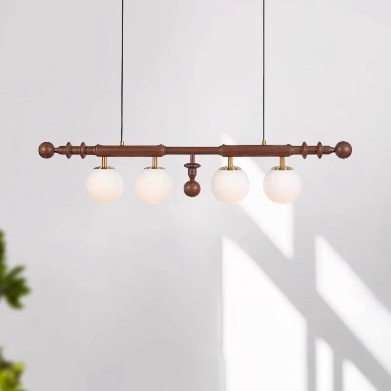 Traditional French Globe Ash Wood Glass Metal 4-Light Chandelier Island Light For Living Room