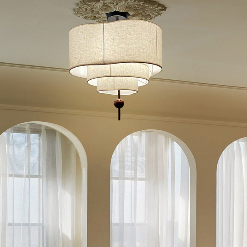 Traditional Vintage Oval Solid Wood Fabric 3/5 Light Semi-Flush Mount Ceiling Light For Living Room