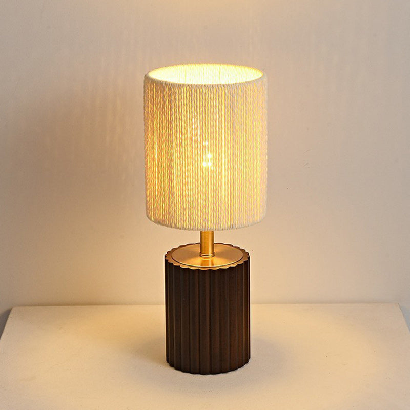 Traditional Japanese Cylinder Rubberwood Paper Rope 1-Light Table Lamp For Bedroom