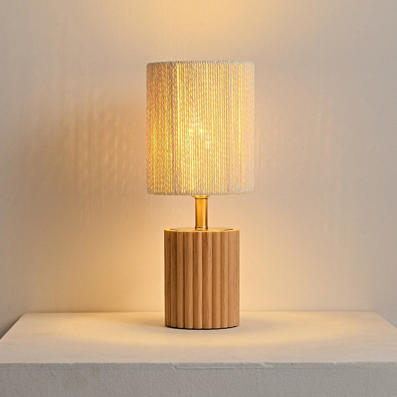Traditional Japanese Cylinder Rubberwood Paper Rope 1-Light Table Lamp For Bedroom