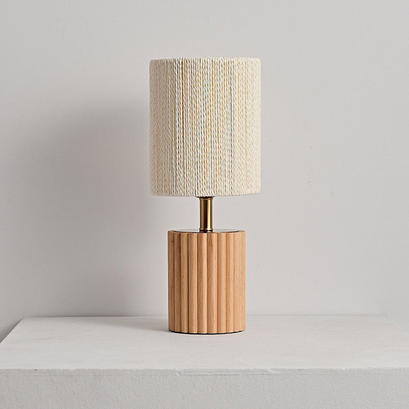 Traditional Japanese Cylinder Rubberwood Paper Rope 1-Light Table Lamp For Bedroom