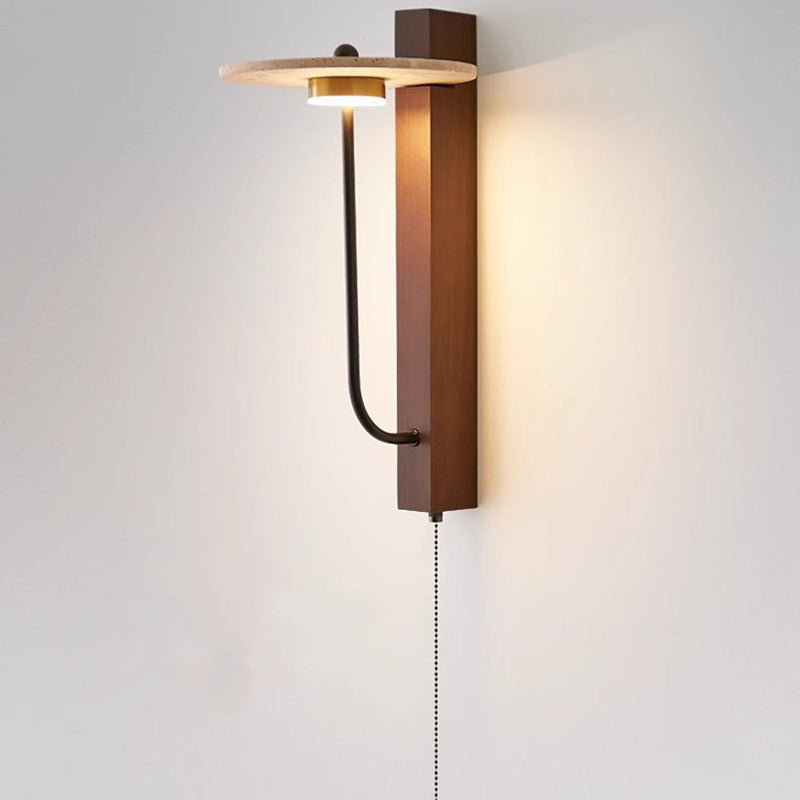 Traditional French Round Yellow Travertine Carbon Steel Walnut Wood LED Wall Sconce Lamp For Bedroom