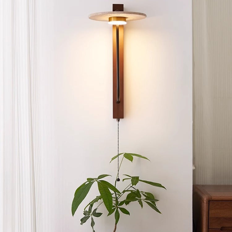 Traditional French Round Yellow Travertine Carbon Steel Walnut Wood LED Wall Sconce Lamp For Bedroom