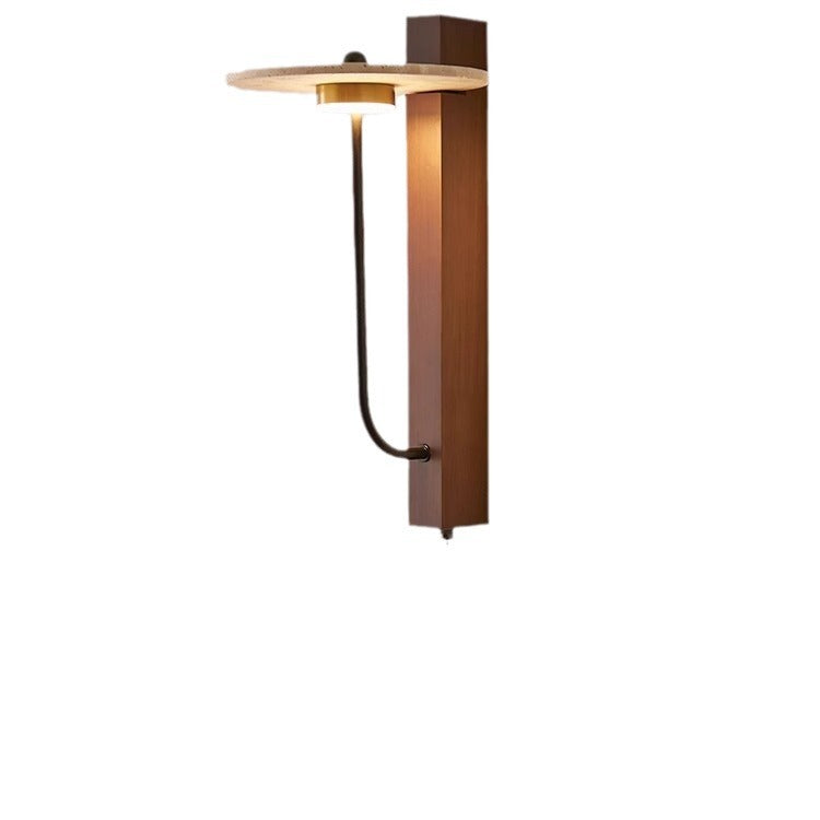 Traditional French Round Yellow Travertine Carbon Steel Walnut Wood LED Wall Sconce Lamp For Bedroom