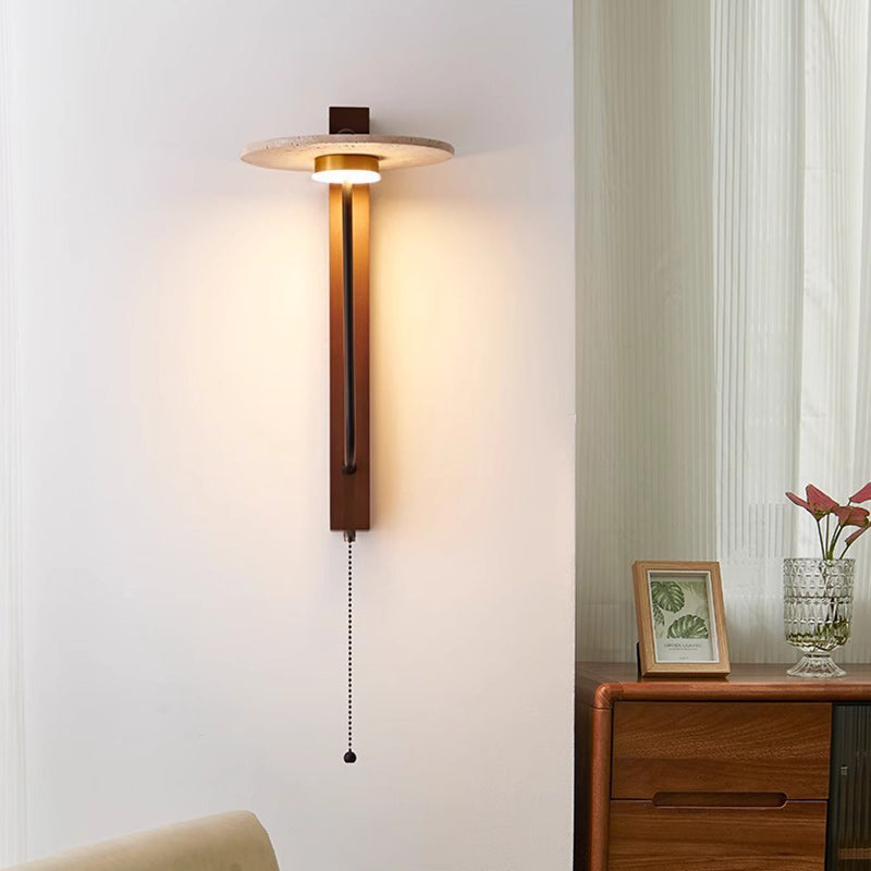 Traditional French Round Yellow Travertine Carbon Steel Walnut Wood LED Wall Sconce Lamp For Bedroom