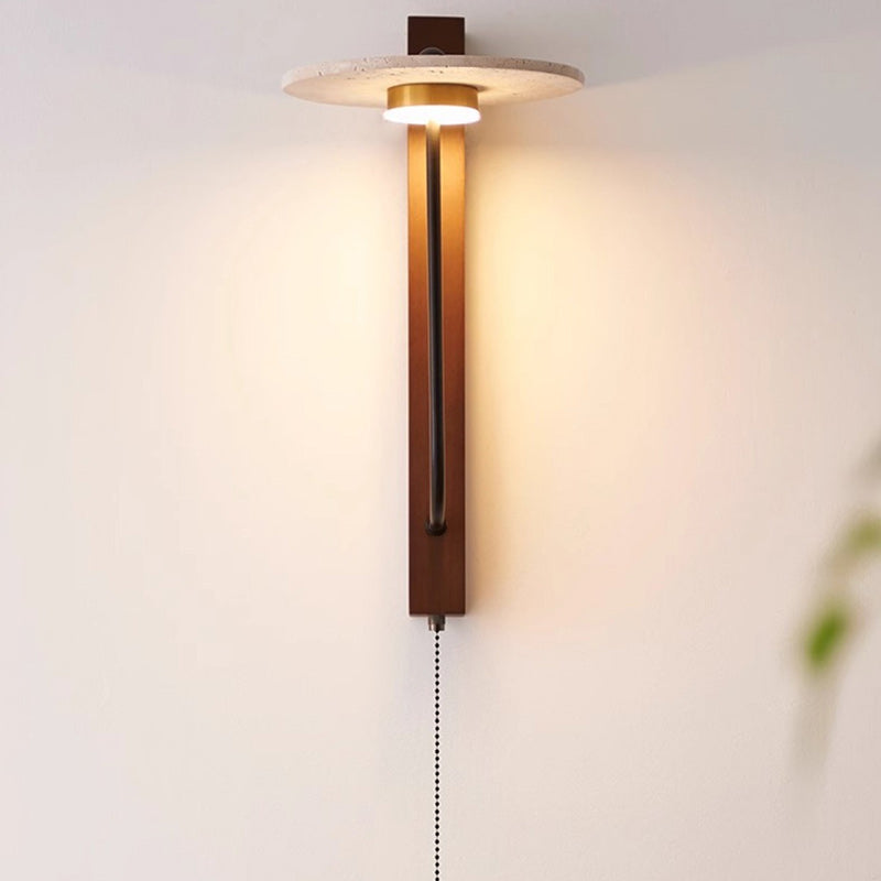 Traditional French Round Yellow Travertine Carbon Steel Walnut Wood LED Wall Sconce Lamp For Bedroom