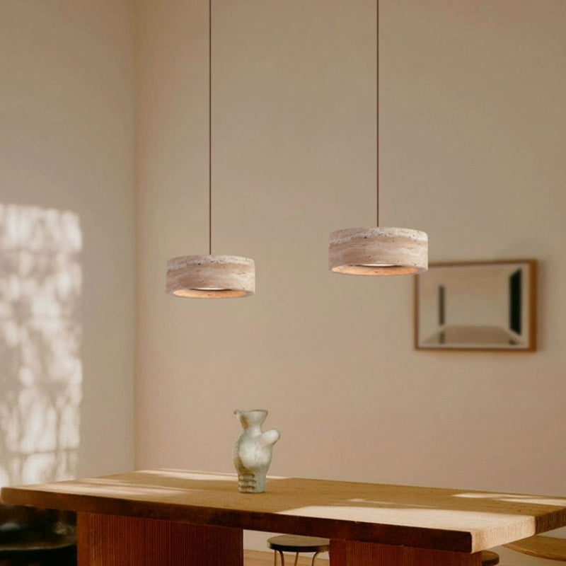 Traditional Vintage Round Yellow Travertine Walnut Wood LED Pendant Light For Bedroom