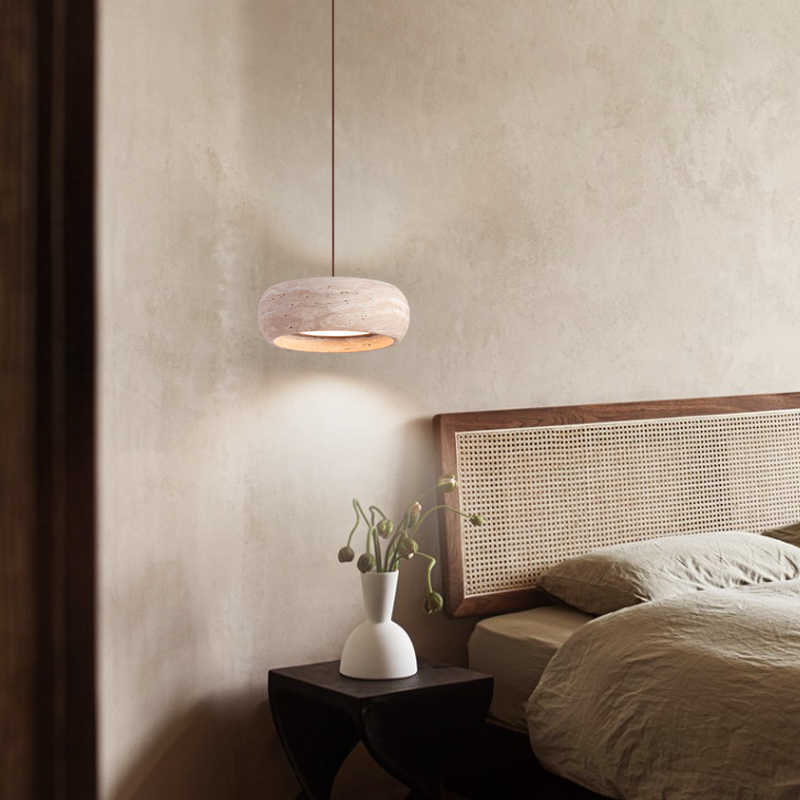 Traditional Vintage Round Yellow Travertine Walnut Wood LED Pendant Light For Bedroom