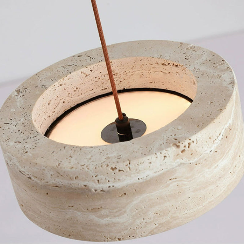 Traditional Vintage Round Yellow Travertine Walnut Wood LED Pendant Light For Bedroom
