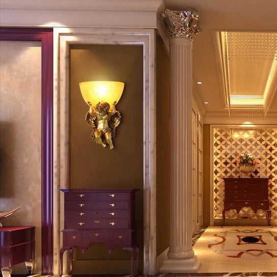Traditional European Angel Stainless Steel Glass 1-Light Wall Sconce Lamp For Hallway