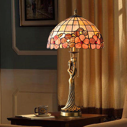 Traditional Tiffany Goddess Dome Copper Shell 1-Light Table Lamp For Bedroom