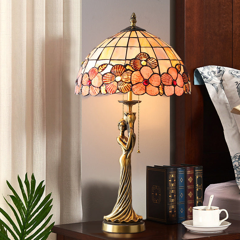 Traditional Tiffany Goddess Dome Copper Shell 1-Light Table Lamp For Bedroom