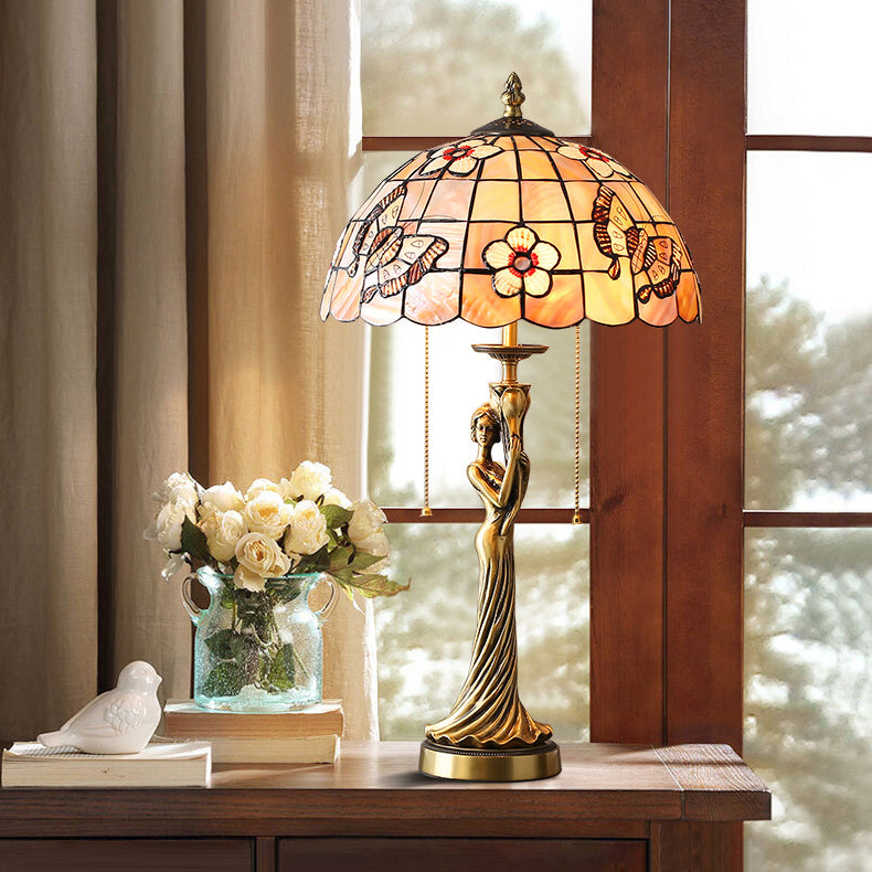 Traditional Tiffany Goddess Dome Copper Shell 1-Light Table Lamp For Bedroom