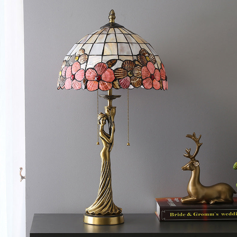 Traditional Tiffany Goddess Dome Copper Shell 1-Light Table Lamp For Bedroom