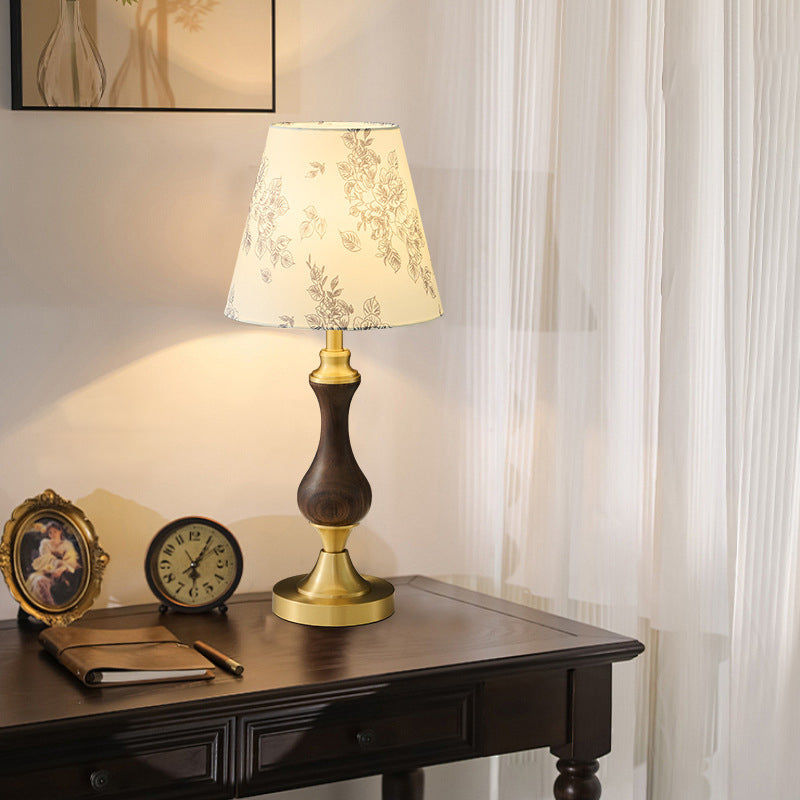 Modern Mid-Century Frustum Cone Copper Black Walnut Wood Fabric 1-Light Table Lamp For Bedroom