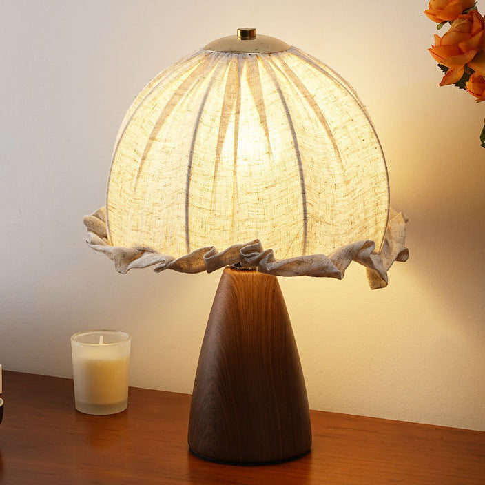 Traditional Rustic Dome Iron Walnut Wood Fabric 1-Light Table Lamp For Bedroom