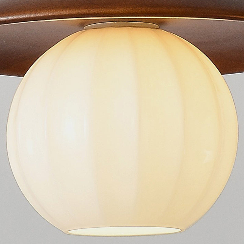 Traditional Japanese Ball Iron Solid Wood Glass 1-Light Pendant Light For Bedroom