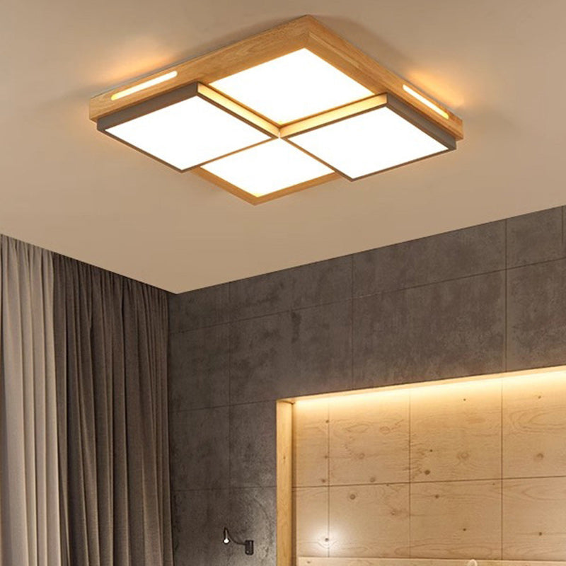 Traditional Japanese Square Solid Wood Metal LED Flush Mount Ceiling Light For Living Room
