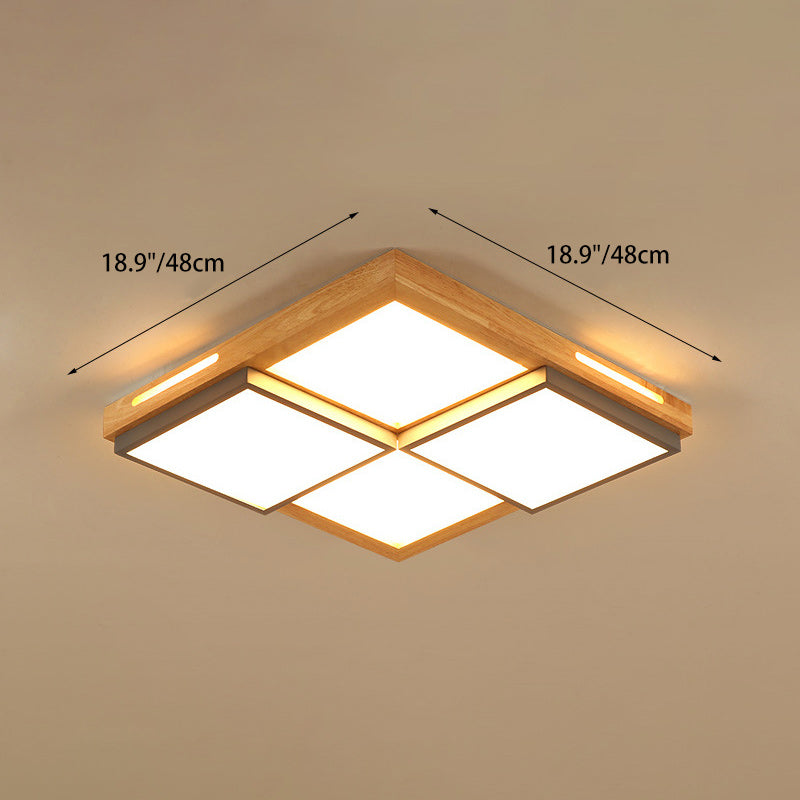 Traditional Japanese Square Solid Wood Metal LED Flush Mount Ceiling Light For Living Room