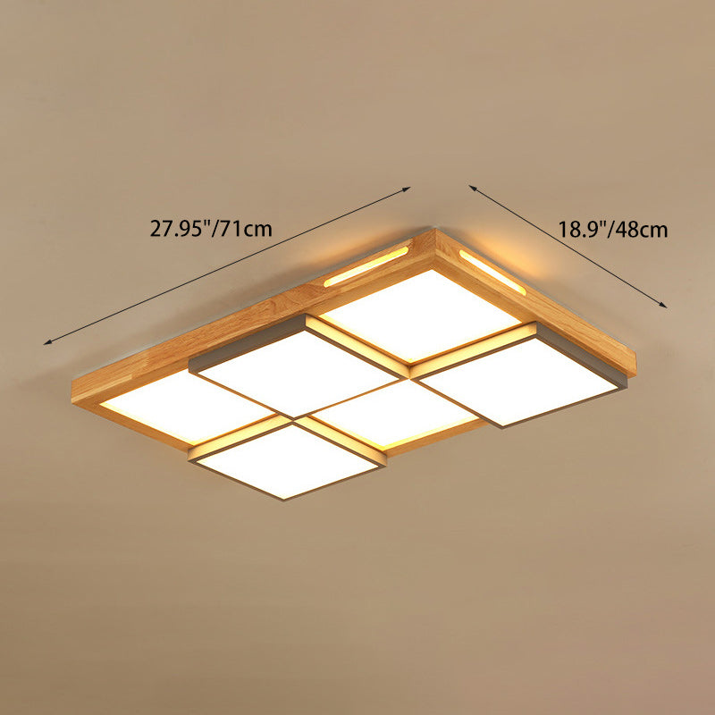 Traditional Japanese Square Solid Wood Metal LED Flush Mount Ceiling Light For Living Room