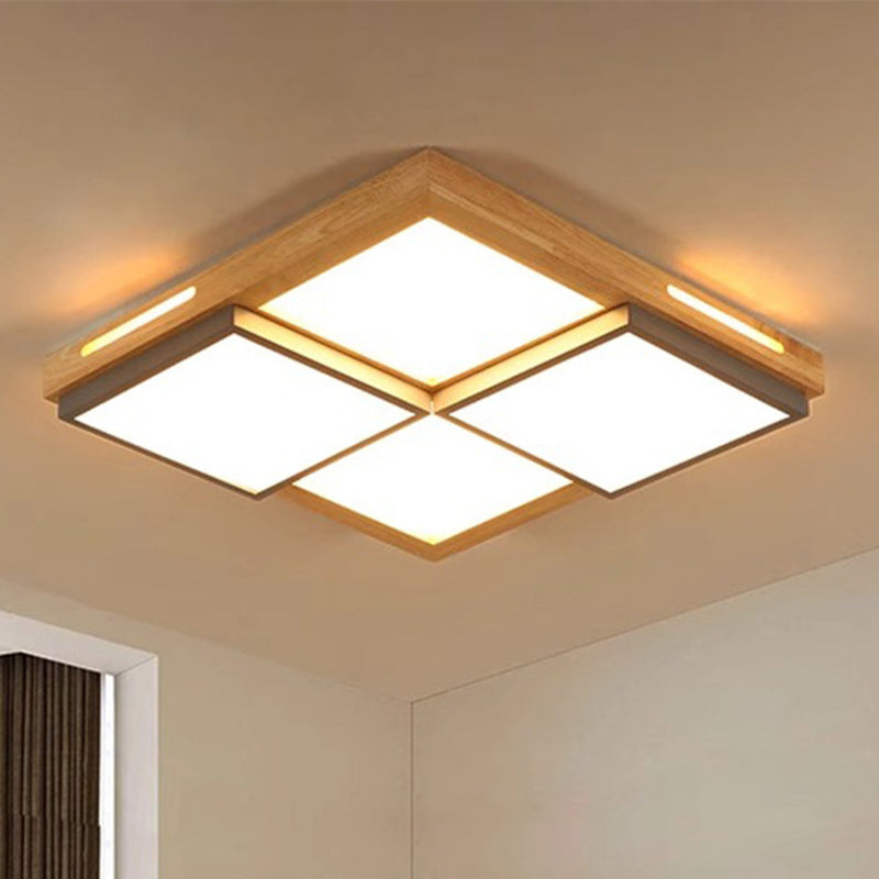 Traditional Japanese Square Solid Wood Metal LED Flush Mount Ceiling Light For Living Room