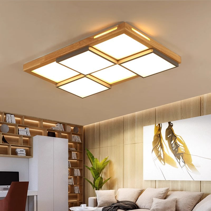 Traditional Japanese Square Solid Wood Metal LED Flush Mount Ceiling Light For Living Room