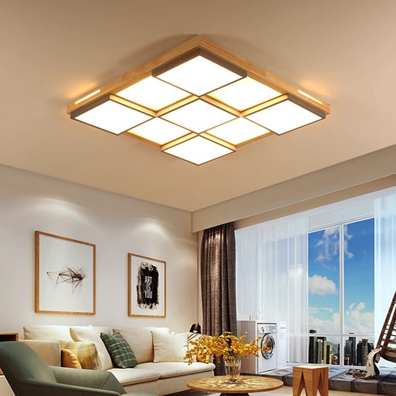 Traditional Japanese Square Solid Wood Metal LED Flush Mount Ceiling Light For Living Room
