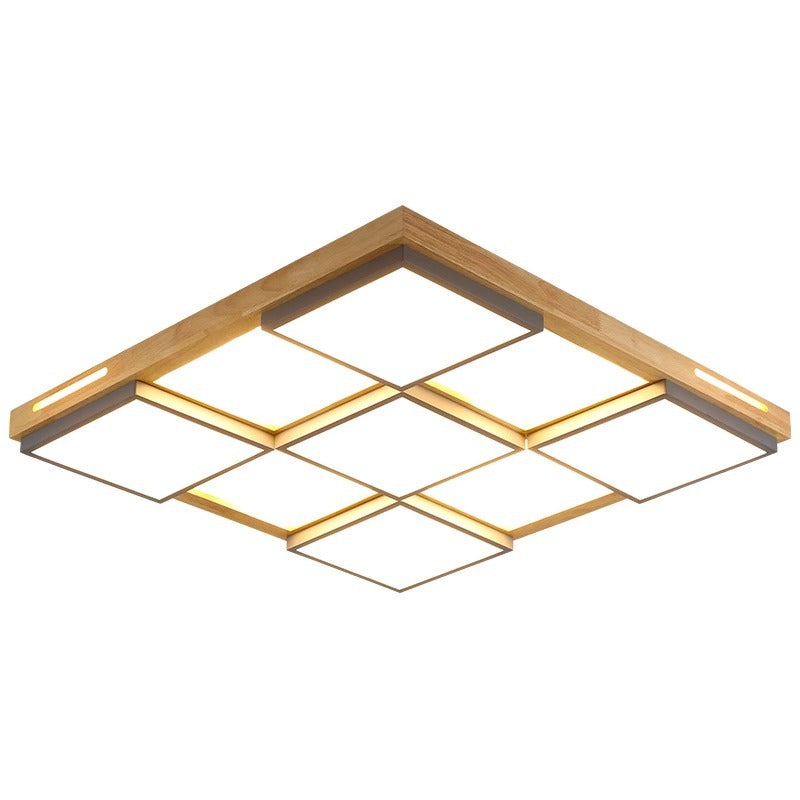 Traditional Japanese Square Solid Wood Metal LED Flush Mount Ceiling Light For Living Room