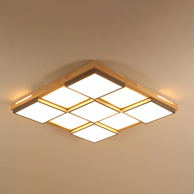 Traditional Japanese Square Solid Wood Metal LED Flush Mount Ceiling Light For Living Room