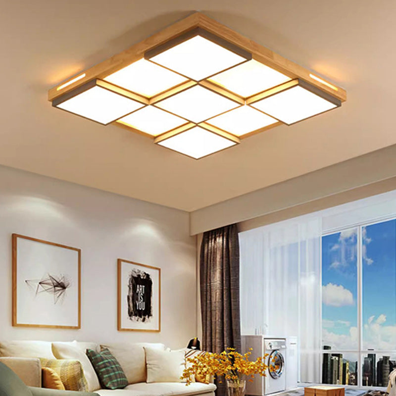 Traditional Japanese Square Solid Wood Metal LED Flush Mount Ceiling Light For Living Room