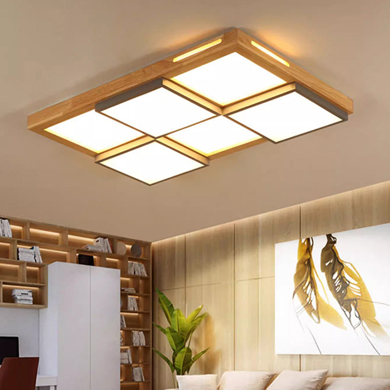 Traditional Japanese Square Solid Wood Metal LED Flush Mount Ceiling Light For Living Room