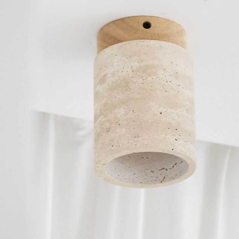 Traditional Japanese Cylinder Solid Wood Yellow Travertine 1-Light Semi-Flush Mount Ceiling Light For Hallway