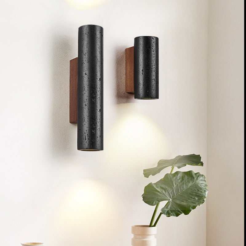 Modern Minimalist Cylinder Black Travertine Solid Wood 1-Light Wall Sconce Lamp For Living Room