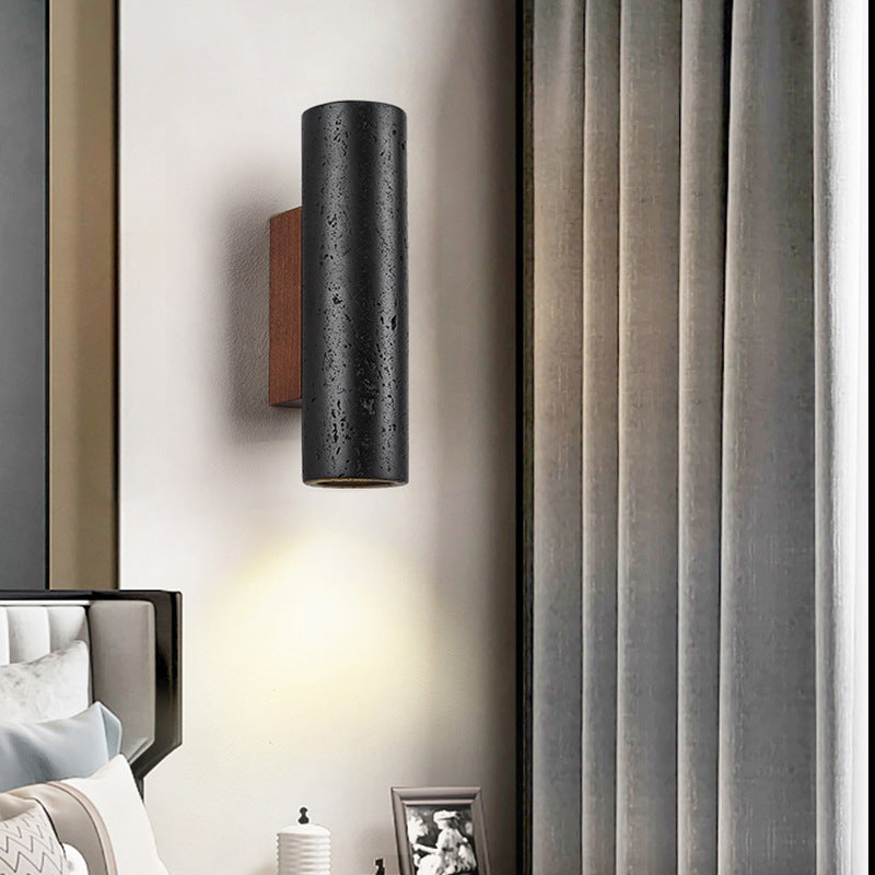 Modern Minimalist Cylinder Black Travertine Solid Wood 1-Light Wall Sconce Lamp For Living Room