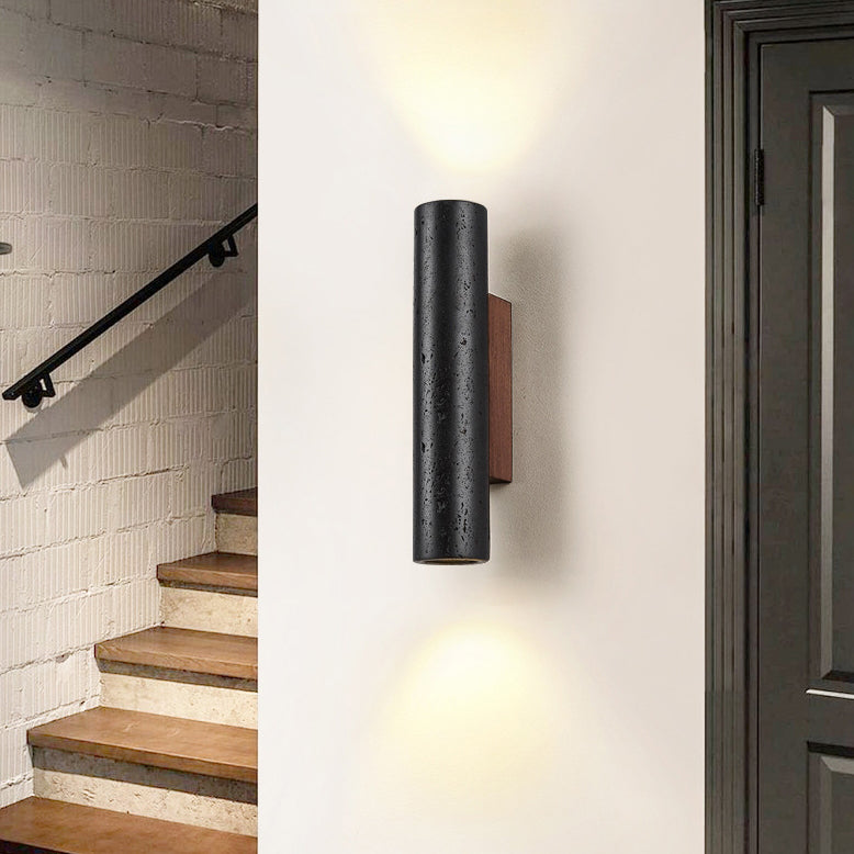 Modern Minimalist Cylinder Black Travertine Solid Wood 1-Light Wall Sconce Lamp For Living Room