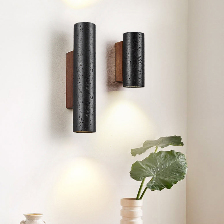 Modern Minimalist Cylinder Black Travertine Solid Wood 1-Light Wall Sconce Lamp For Living Room