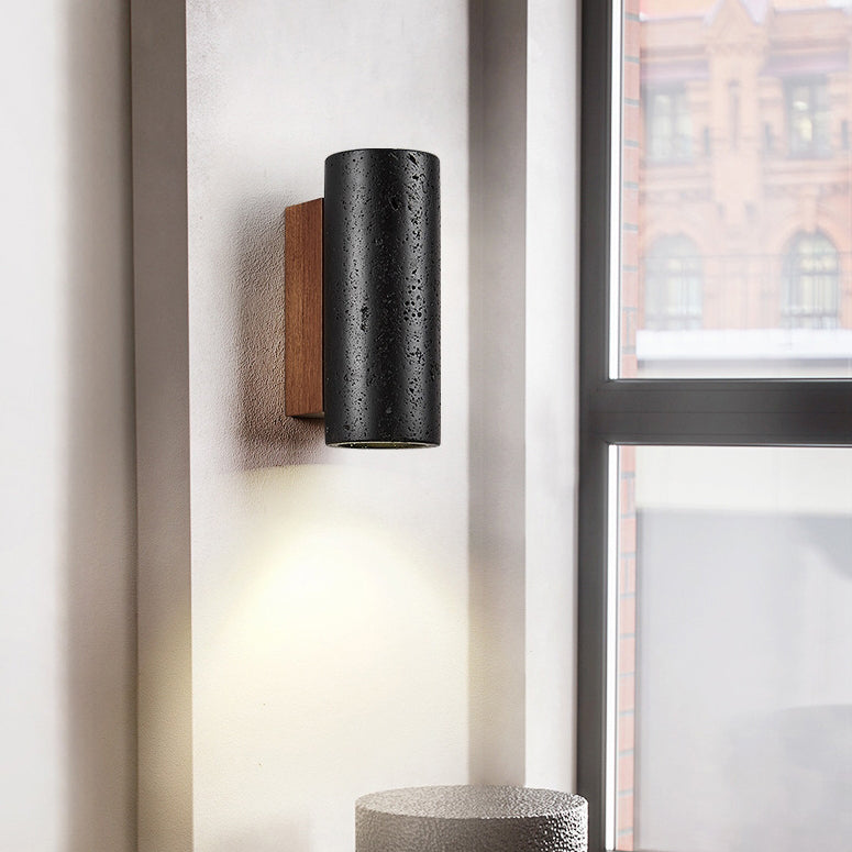 Modern Minimalist Cylinder Black Travertine Solid Wood 1-Light Wall Sconce Lamp For Living Room