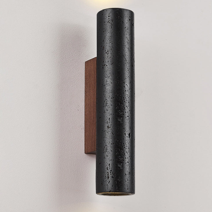 Modern Minimalist Cylinder Black Travertine Solid Wood 1-Light Wall Sconce Lamp For Living Room