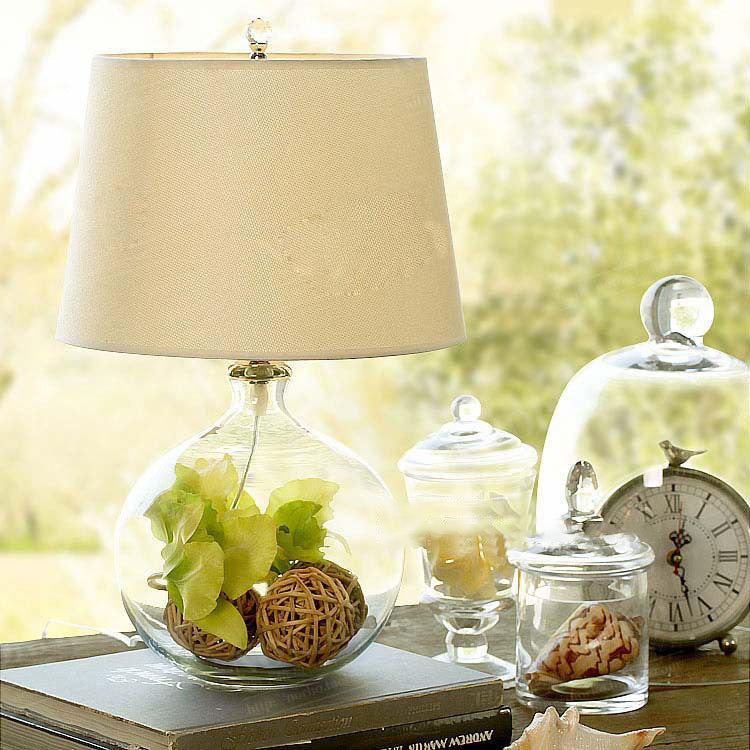 Traditional Rustic Cylinder Fabric Glass 1-Light Table Lamp For Bedroom