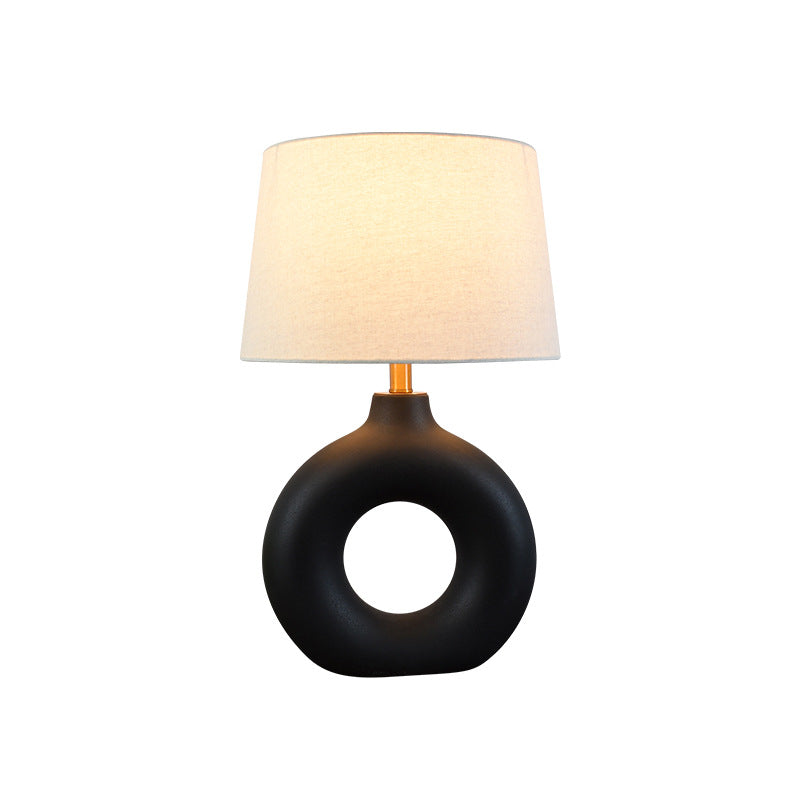 Traditional Japanese Circle Base Ceramic Fabric 1-Light Table Lamp For Bedroom