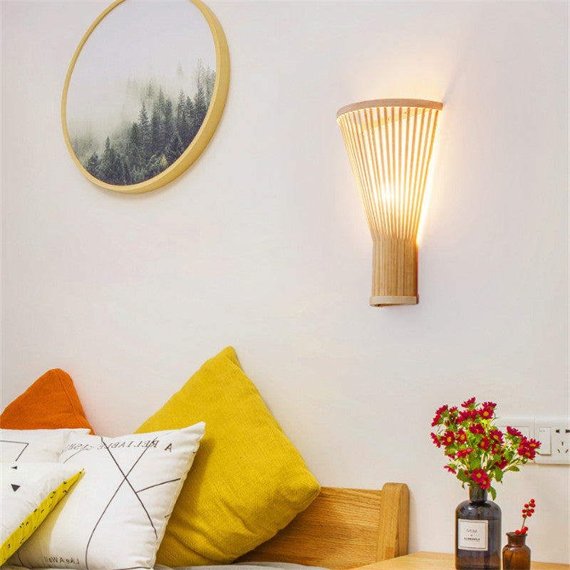 Traditional Chinese Trapezoid Bamboo 1-Light Wall Sconce Lamp For Bedroom