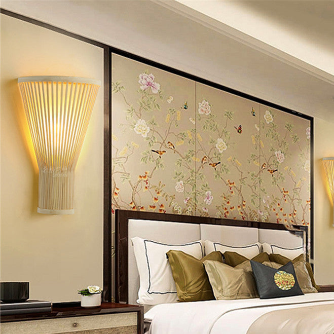 Traditional Chinese Trapezoid Bamboo 1-Light Wall Sconce Lamp For Bedroom
