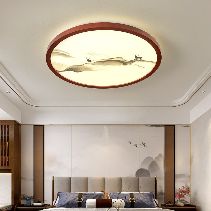 Traditional Chinese Round Solid Wood Acrylic LED Flush Mount Ceiling Light For Bedroom